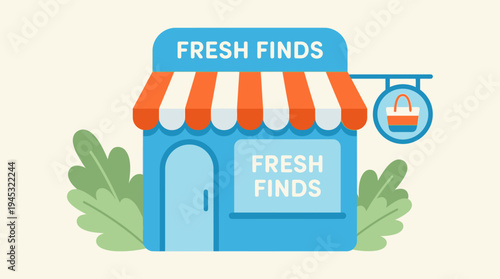 A charming flat illustration of a blue storefront with an orange striped awning, featuring 'FRESH FINDS' signage and a hanging shopping basket icon, surrounded by green bushes.