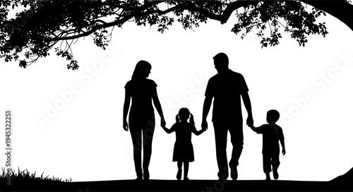Happy Family Walking Together Silhouette - Parents and Children Holding Hands Outdoors Vector