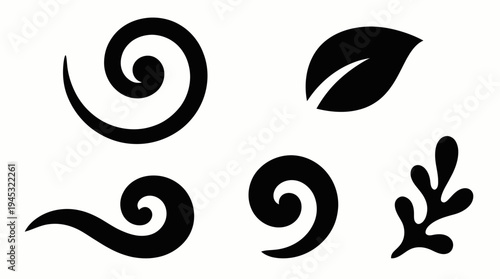 Collection of black silhouette graphic elements featuring spirals, a leaf, and an organic coral shape on a white background.