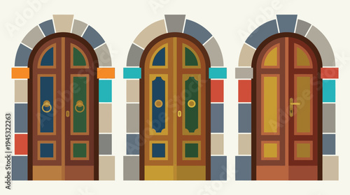 Three traditional arched wooden doors with colorful frames and stone archways, each featuring unique designs and hardware, set against a plain background.