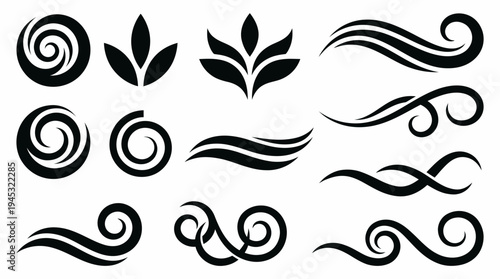 Collection of black vector ornamental design elements including swirls, scrolls, and abstract floral shapes.