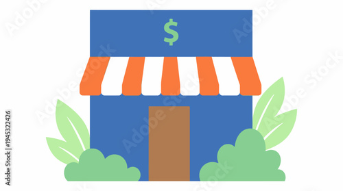 Flat illustration of a blue storefront with an orange and white striped awning, a dollar sign, and green bushes, representing a business or shop.
