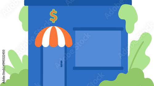 A vibrant blue storefront illustration with an orange and white striped awning and a prominent dollar sign, surrounded by green foliage, representing a small business.