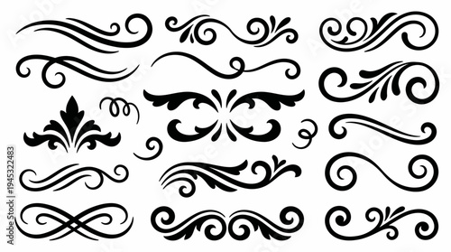 A collection of elegant black calligraphic swirls, decorative flourishes, and ornamental dividers, perfect for vintage design elements and typographic accents.
