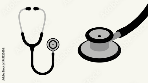 Two black and white illustrations of stethoscopes, one showing the full instrument and the other a close-up of its chest piece, against a plain background.