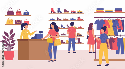 Customers shopping for clothes and shoes in a busy retail store with a cashier at the counter.