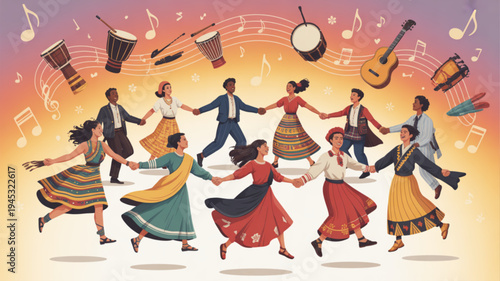 Diverse people in traditional clothing dancing together in a circle with musical instruments and notes around them in a vibrant colorful scene