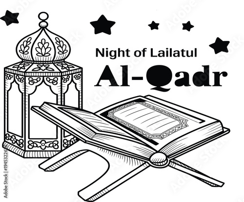 Night of Lailatul Al-Qadr vector illustration with holy Quran, lantern, stars, and Islamic religious calligraphy design