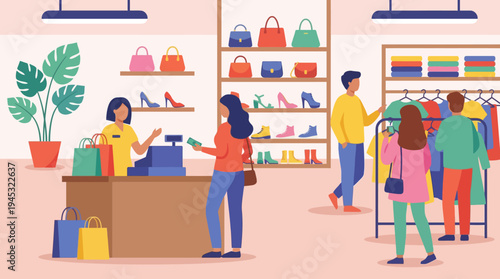 Customers shopping in a vibrant retail store with a cashier, clothing racks, and shelves displaying shoes and handbags.