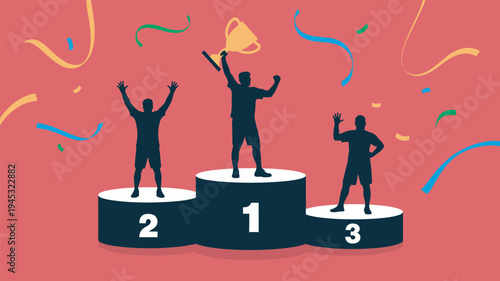 Three silhouetted people standing on a podium with confetti and ribbons, celebrating a victory or achievement
