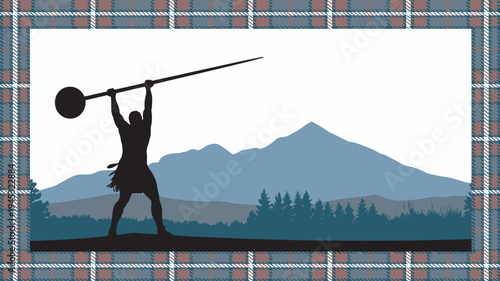A silhouette of a strong warrior holding a large sword in a mountainous landscape with a plaid border