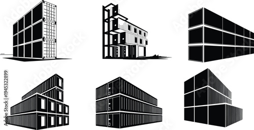 Industrial silhouettes of modular container buildings and architecture designed for living, working, and storage solutions