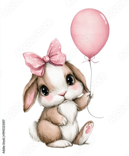 Cute watercolor bunny holding pink balloon with bow illustration