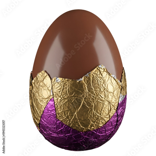 Chocolate Easter egg partially wrapped in colorful foil isolated on transparent background. Sweet festive candy symbolizing Easter celebration, holiday treats and spring dessert