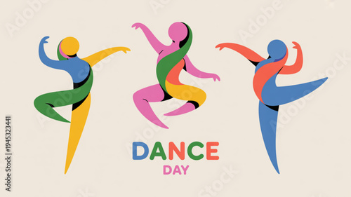 Three colorful dancing figures celebrating dance day with dynamic movements and vibrant hues on a beige background