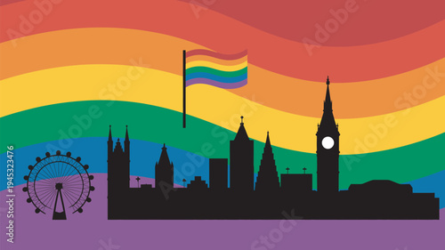 A vibrant illustration of the London skyline with a rainbow flag waving in front of a colorful rainbow background