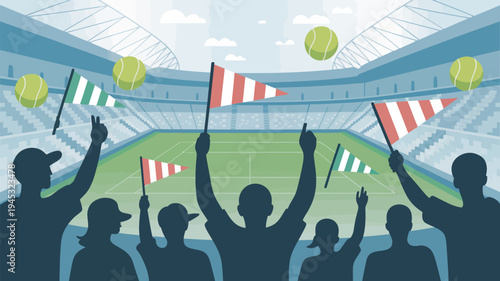 A group of people cheering at a tennis match in a large stadium with flags and tennis balls in the air