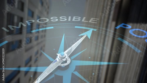 Rotating holographic compass and metal needle revealing POSSIBLE in urban canyon blue hub shining