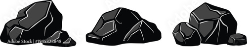 black rock stone set vector illustration, natural mineral boulders collection, cartoon geology elements isolated, mountain stones clipart design