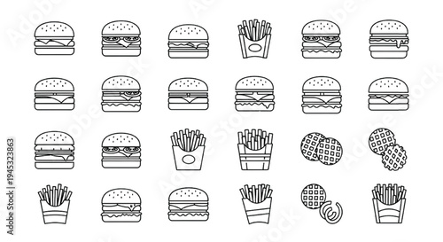 Fast Food Line Icons Set Burger French Fries Waffle Snack Outline Vector