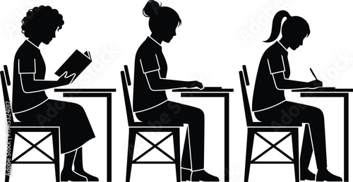 Student girl silhouette set studying, reading book, typing on laptop and writing at desk isolated on white background