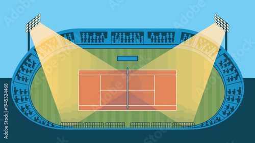An aerial view of a tennis court in a stadium with bright lights shining down on the court.