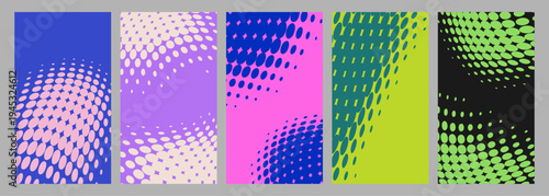Vector illustration. Modern halftone backgrounds with vibrant dot patterns. Minimalist vertical layouts for social media, stories, advertising, flyer. Sport backdrop design with dynamic flowing dots