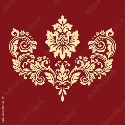 Damask graphic ornament. Floral design element. Golden and red vector pattern
