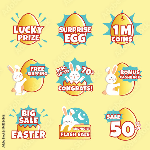 Colorful easter egg promotional badges with rabbits and sale offers