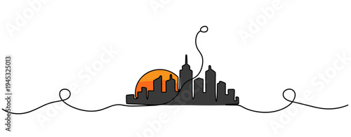 City skyline silhouetted against setting sun on horizon. no editable stroke