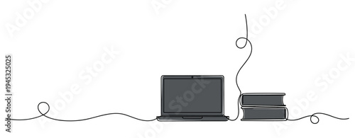 Laptop beside stacked books on desk in minimalist workspace. no editable stroke