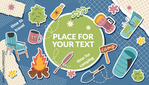 Camping collage banner with travel objects in pop art style. The concept of travel, camping, hiking and outdoor recreation. Vector flat template.