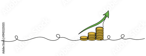 Stacked coins rising with upward arrow on white background. no editable stroke