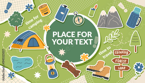 Camping collage banner with travel objects in pop art style3. The concept of travel, camping, hiking and outdoor recreation. Vector flat template.