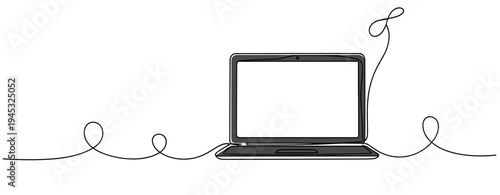 Laptop computer open on flat surface with minimal line art. no editable stroke