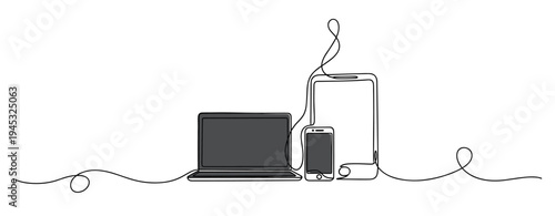 Laptop tablet and smartphone connected by cable on white background. no editable stroke