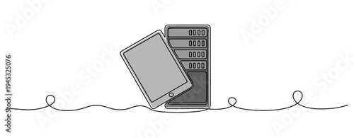 Tablet leaning against server tower on plain white background. no editable stroke