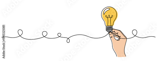 Hand holding lit light bulb over continuous line background. no editable stroke