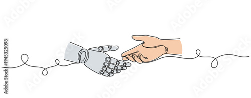 Robot and human hands touching in continuous line illustration. no editable stroke