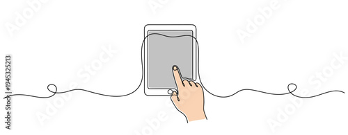 Tablet screen being tapped by index finger in minimal layout. no editable stroke