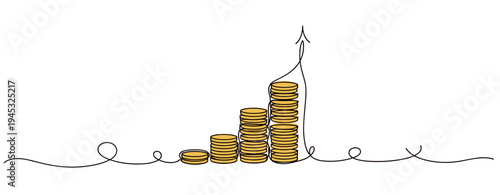 Stacks of coins rising with upward arrow indicating financial growth. no editable stroke