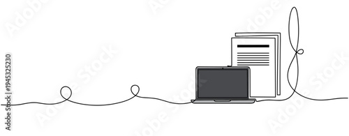 Laptop with stacked papers beside connected single line drawing. no editable stroke