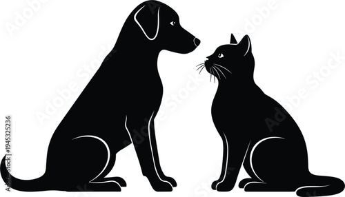 dog and cat silhouette illustration, pet friendship concept, domestic animals design, cute pet pair icon, veterinary animal symbol, black pet silhouettes