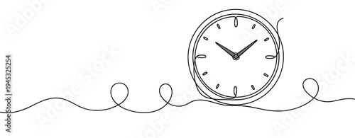 Analog clock centered on continuous line representing time concept. no editable stroke