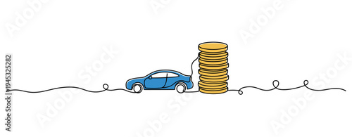 Electric car connected to stack of coins on white background. no editable stroke