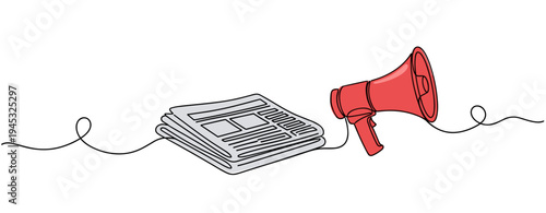 Newspaper and megaphone linked by continuous line on plain background. no editable stroke