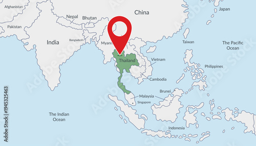 Thailand on political map with location marker3. Travel concept. Vector flat template.