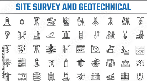 Site Survey and Geotechnical Preparation Outline Vector Icon Set — Drilling Rig, Borehole, Cone Penetration Test, Soil Profile, Plate Load Editable Stroke Icons