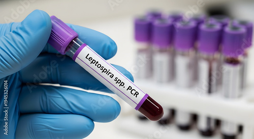 Hand in blue glove holding blood sample tube labeled Leptospira spp P C R medical laboratory