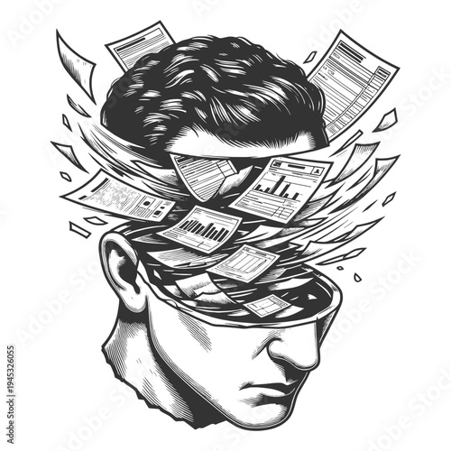 human head opening with papers and charts bursting out, information overload and mental pressure sketch engraving generative ai vector illustration. Scratch board imitation. Black and white image.
